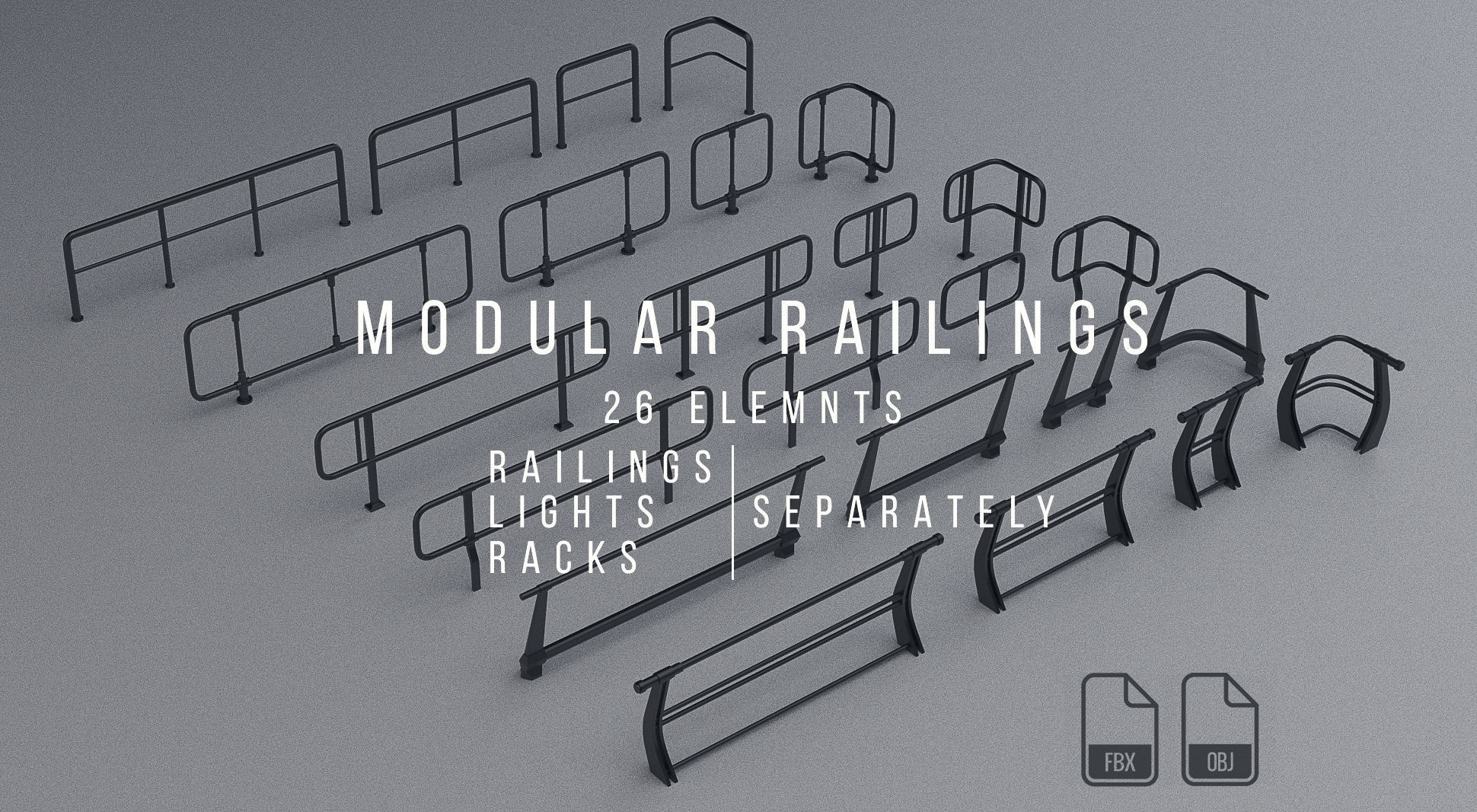 Modular Game-ready modern railings Low-poly 3D model_15
