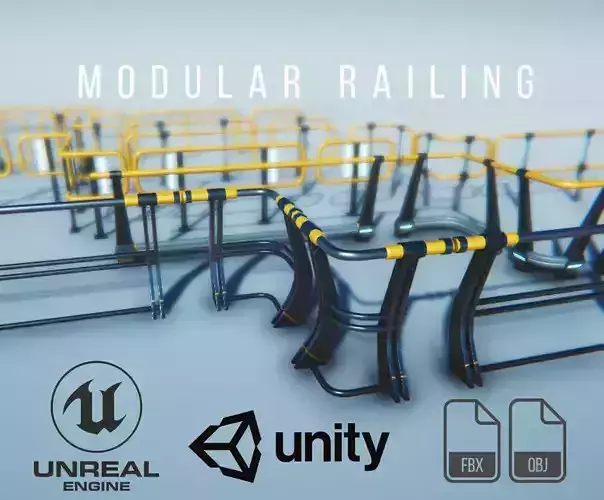 Modular Game-ready modern railings Low-poly 3D model