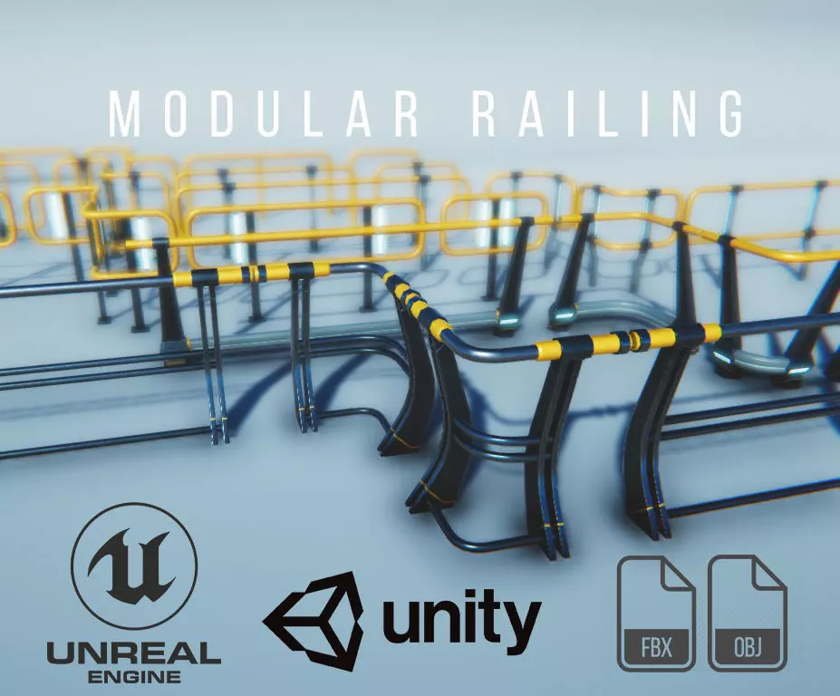 Modular Game-ready modern railings Low-poly 3D model_0