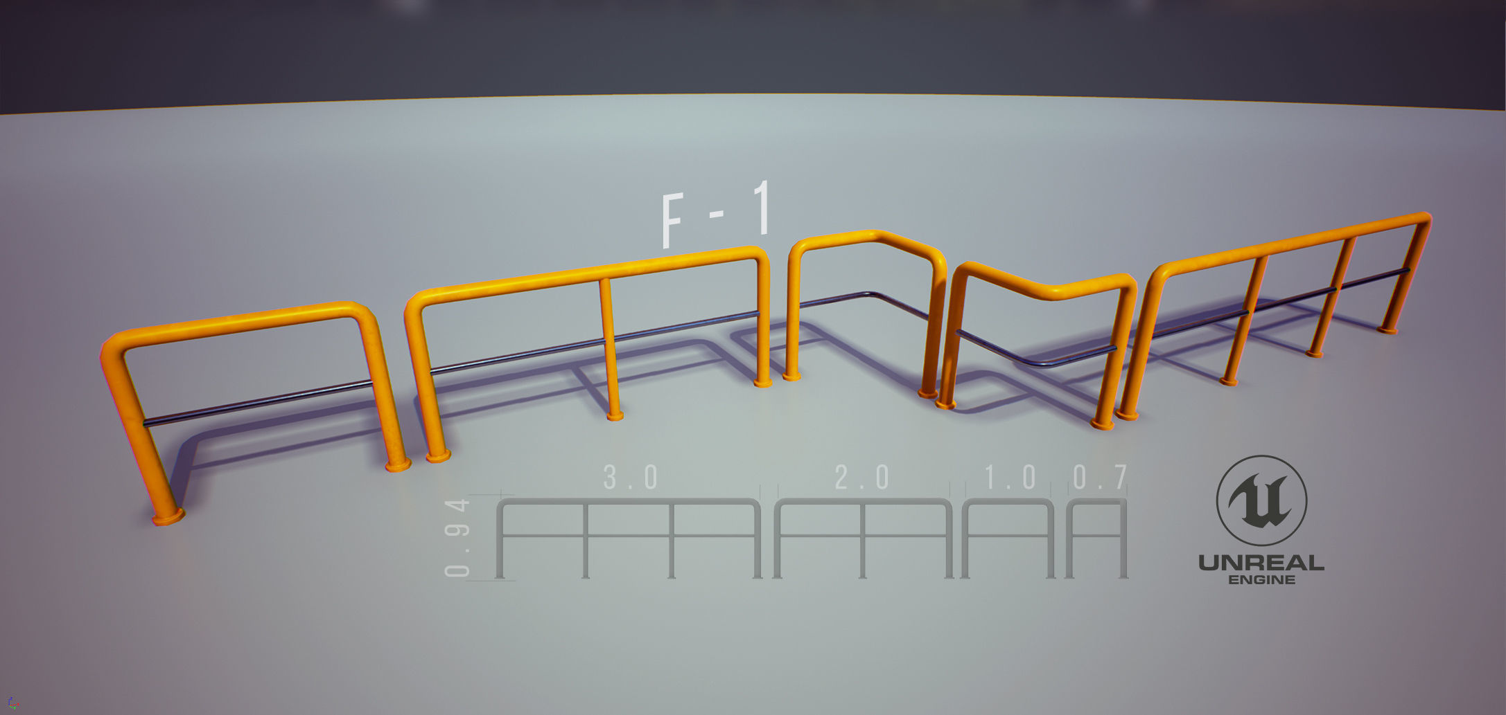 Modular Game-ready modern railings Low-poly 3D model_9