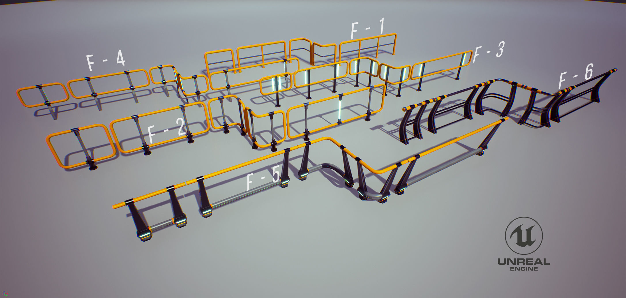 Modular Game-ready modern railings Low-poly 3D model_8