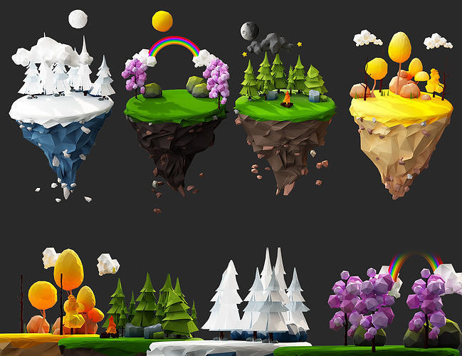 Floating Islands winter summer Spring Autumn Low-poly 3D model Low-poly 3D model