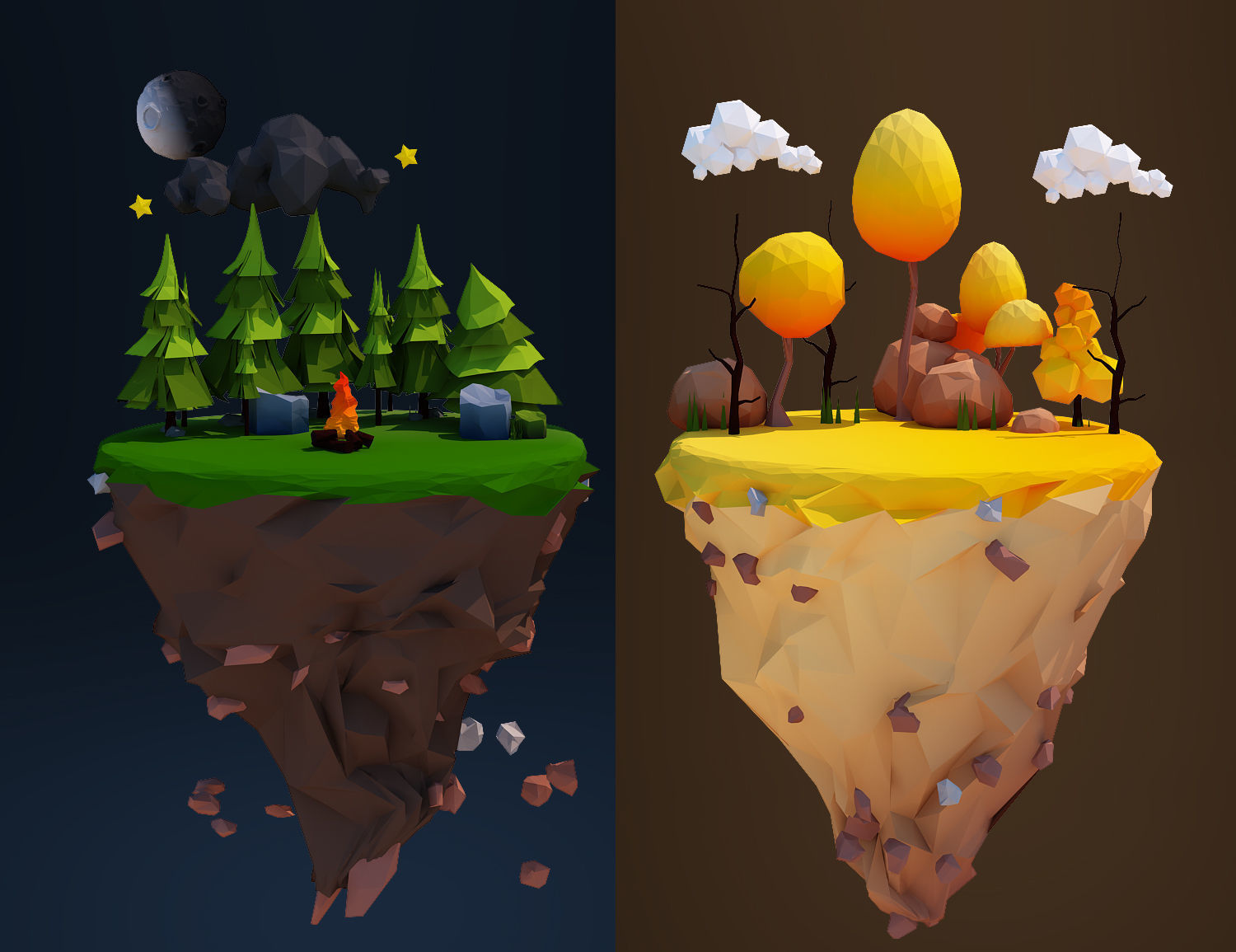 Floating Islands winter summer Spring Autumn Low-poly 3D model Low-poly 3D model_1