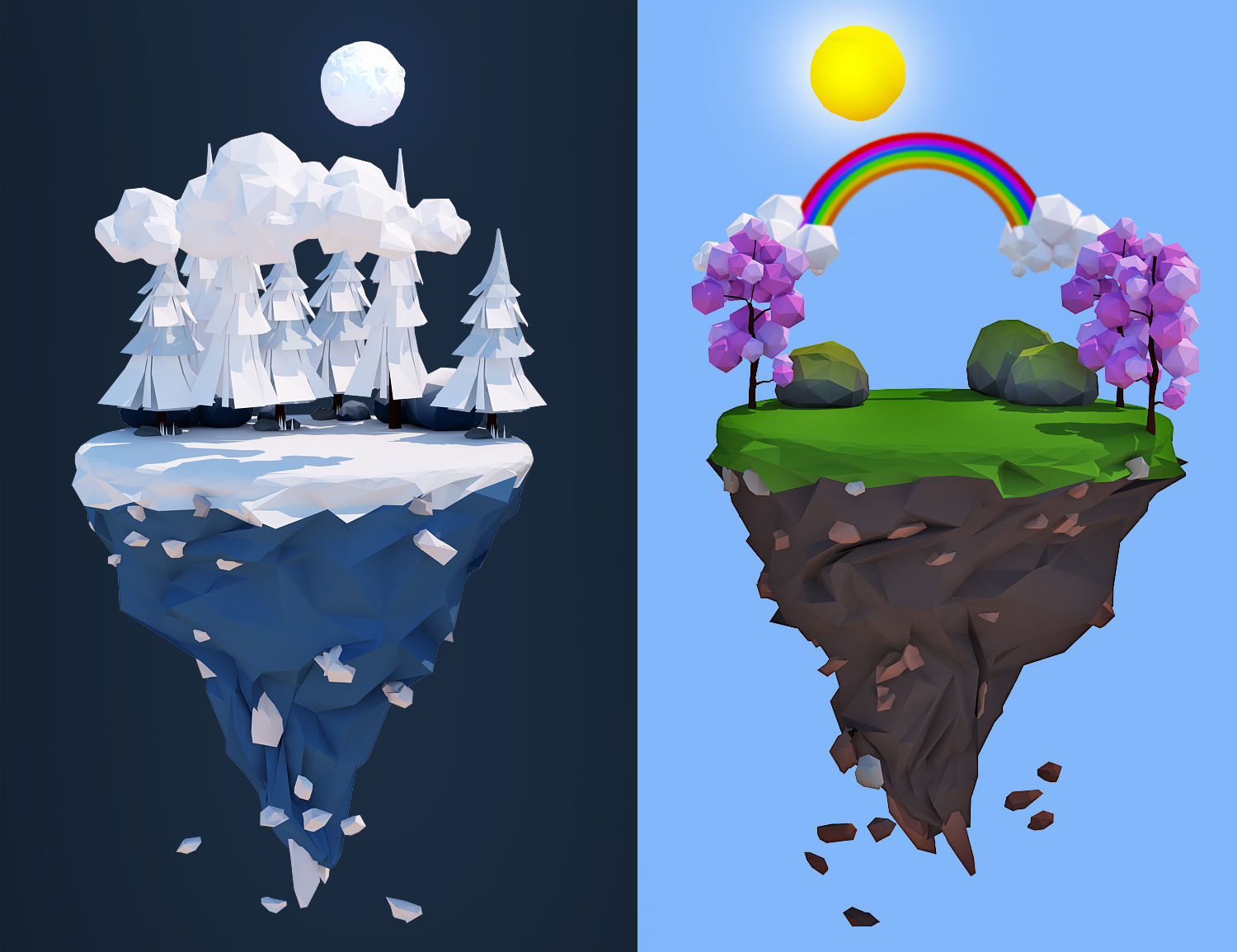 Floating Islands winter summer Spring Autumn Low-poly 3D model Low-poly 3D model_2