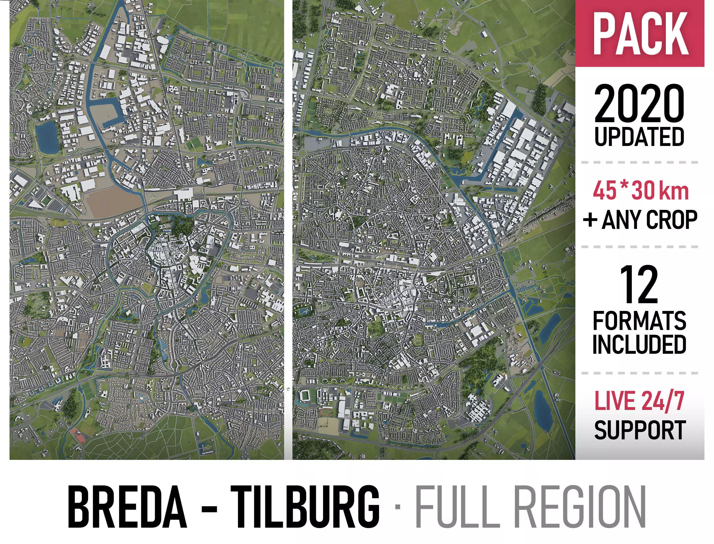 Breda and Tilburg - city and surroundings Low-poly 3D model_0