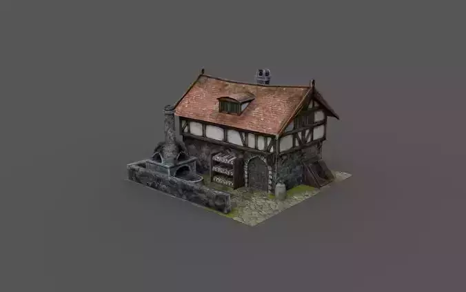 Low Poly Bakery 3D Model medieval house Low-poly 3D model