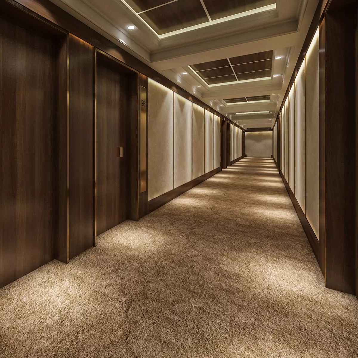 Corridor hallway in hotel Low-poly 3D model