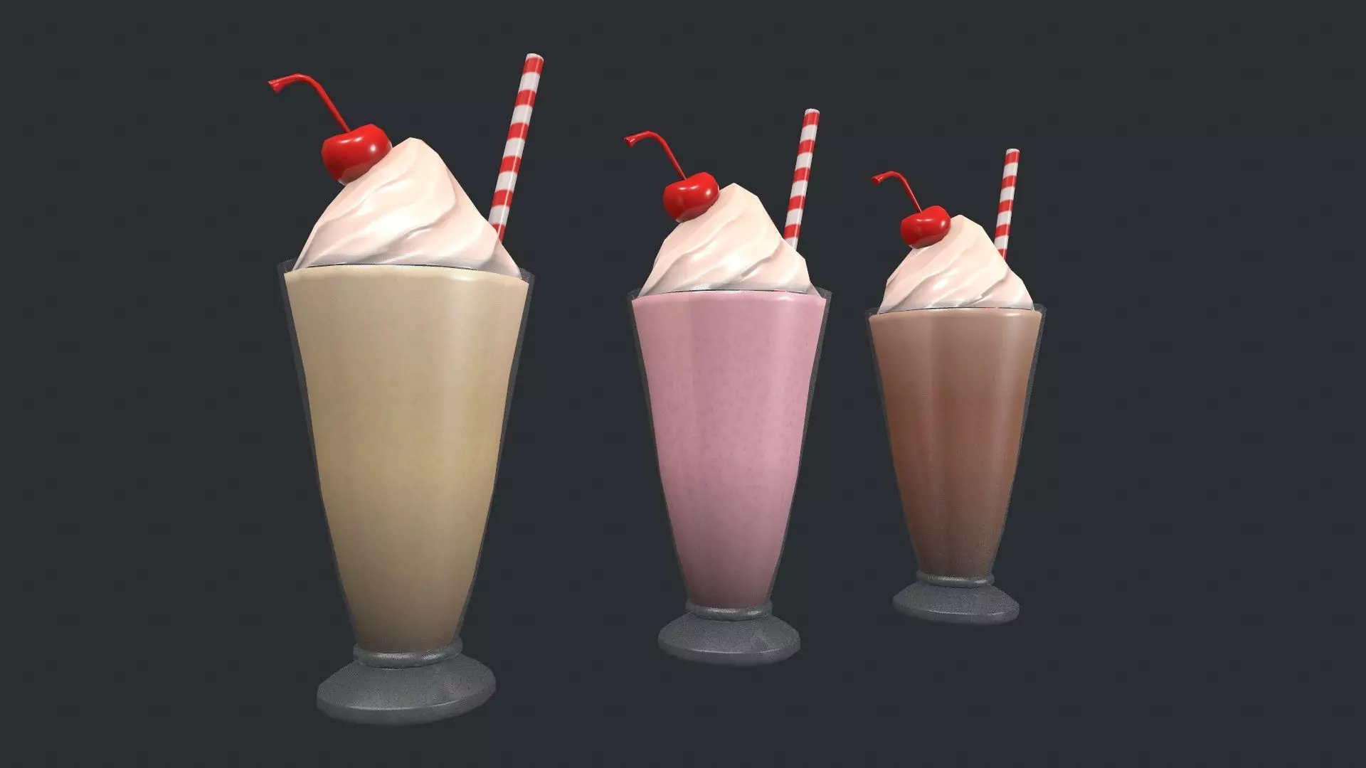 Chocolate - Vanilla - Strawberry Milkshake Low-poly 3D model