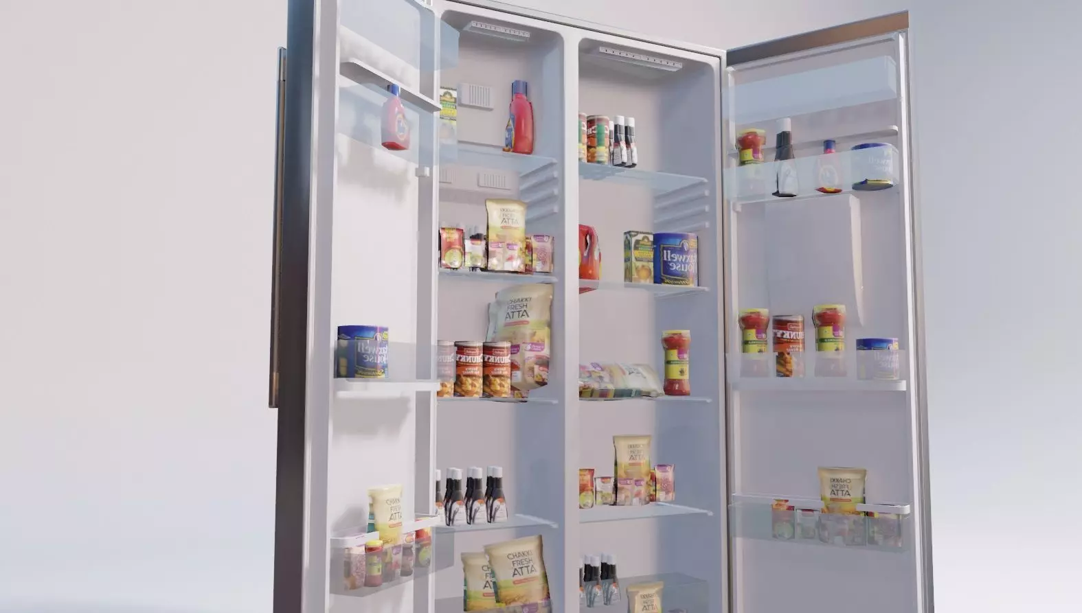 double door fridge with food items 3D model