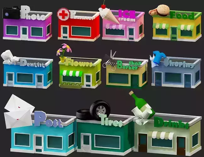 low poly cartoon buildings 3d model pack