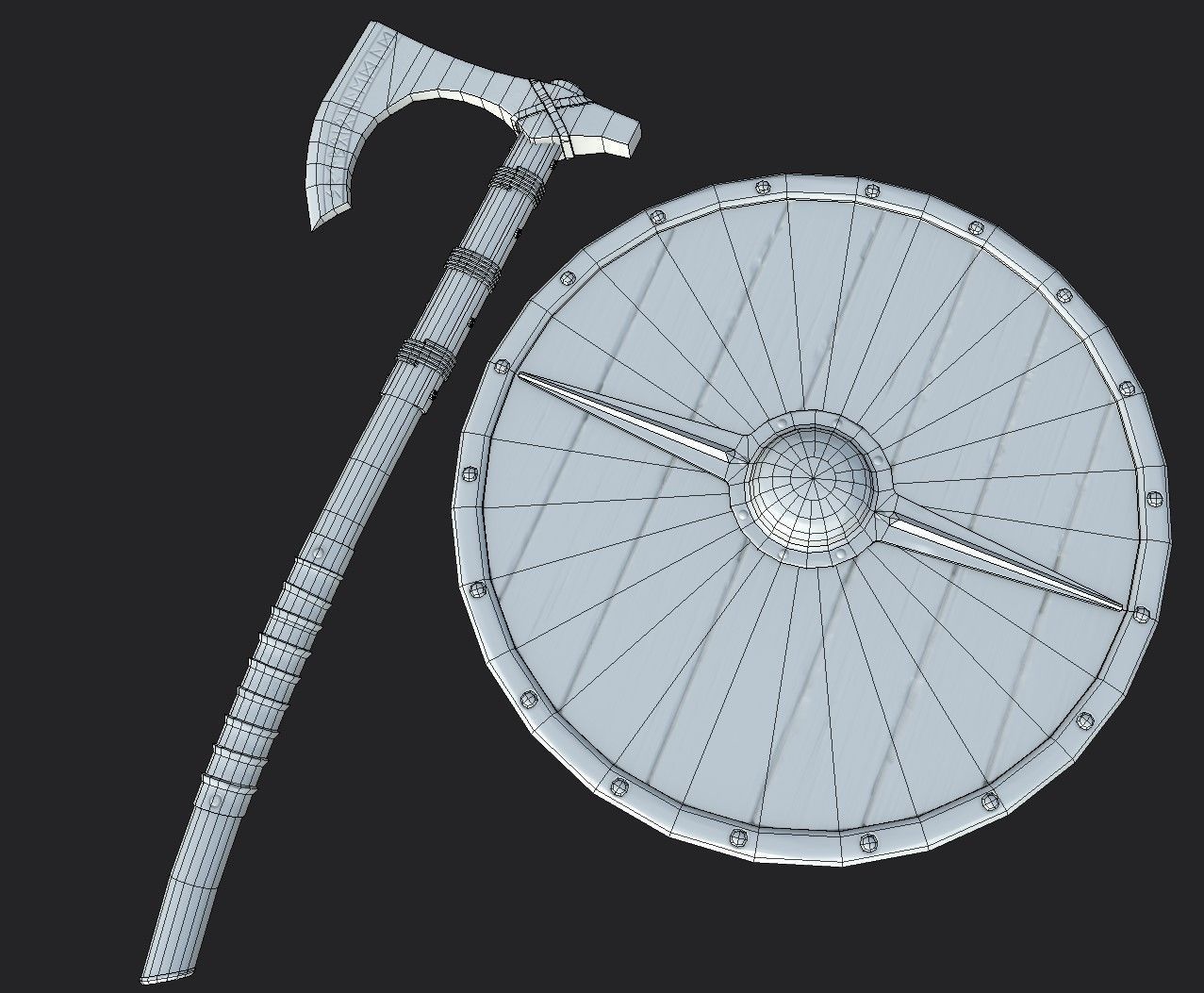 Axe and shield Low-poly 3D model_5
