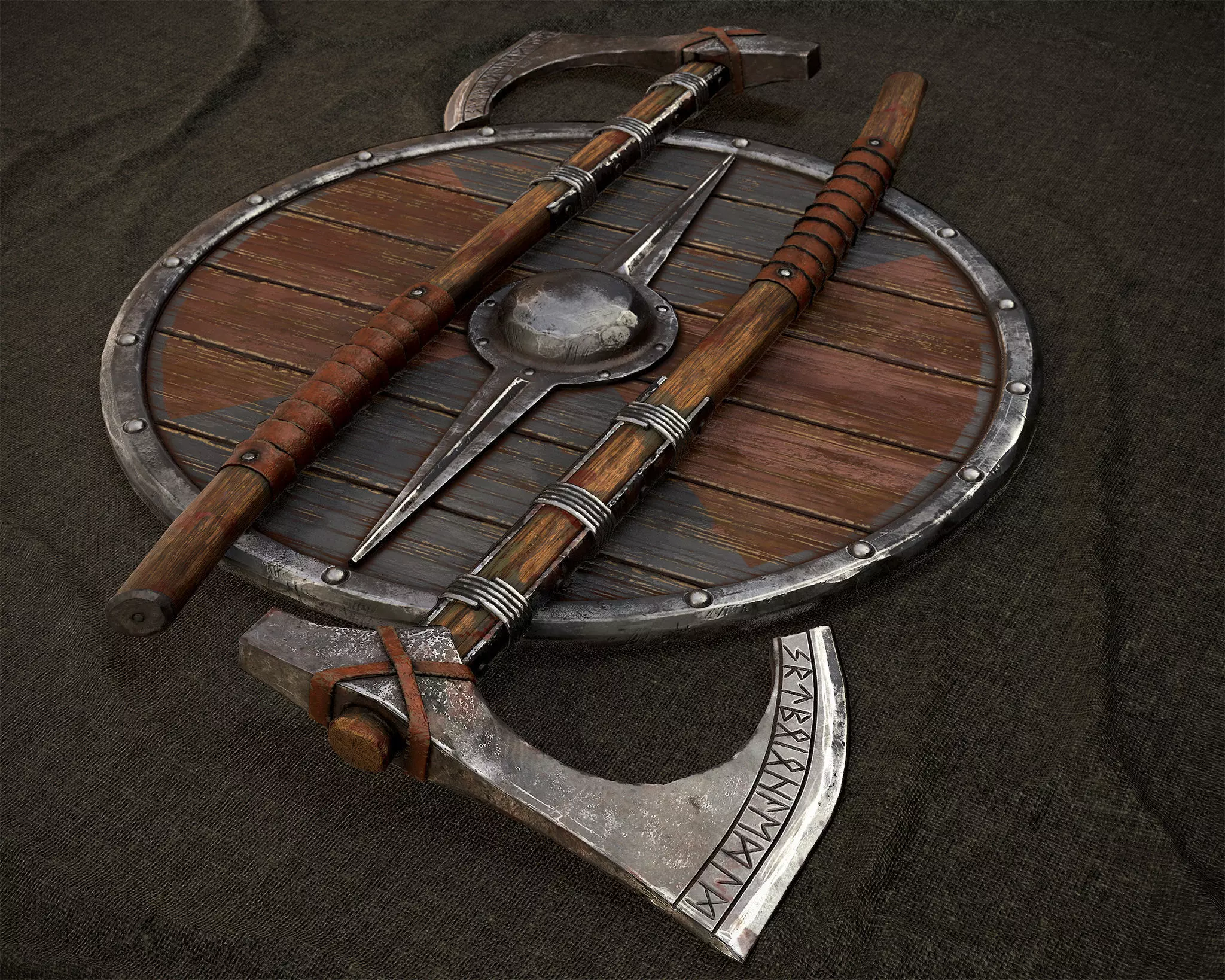 Axe and shield Low-poly 3D model_0