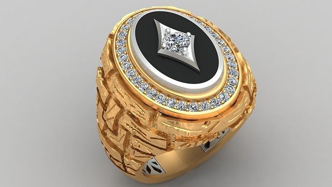 Stone Rock Wall Style Diamond Gold Man Signet Ring 3D print model