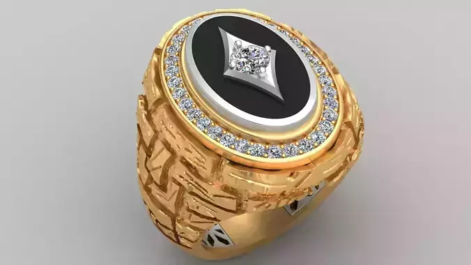Stone Rock Wall Style Diamond Gold Man Signet Ring
