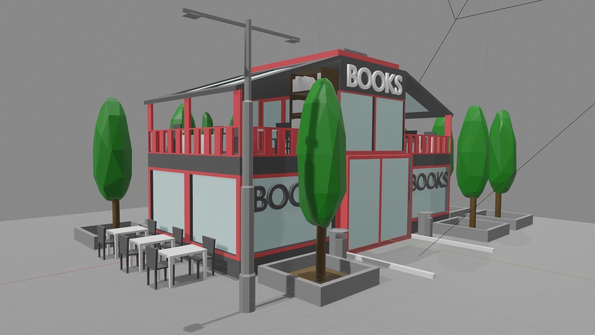 Bookstore building and decorations Free low-poly 3D model_1