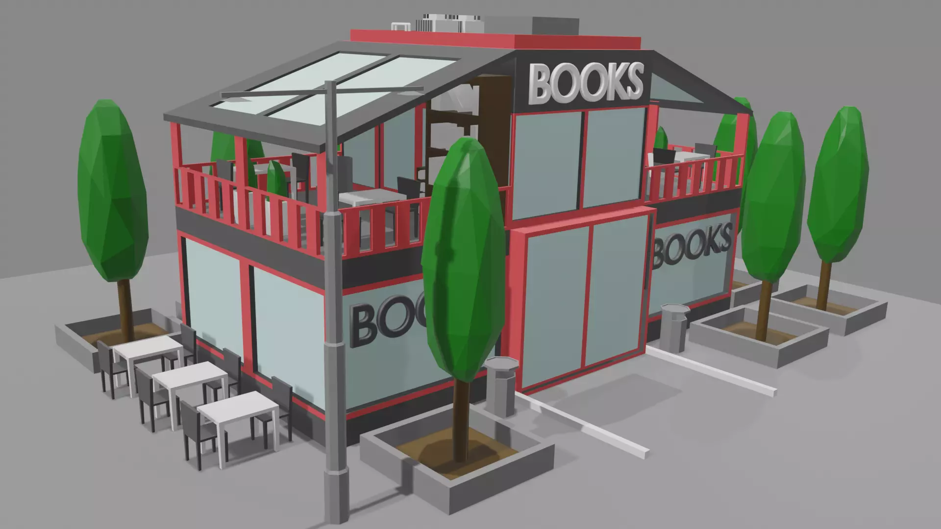 Bookstore building and decorations Free low-poly 3D model_0