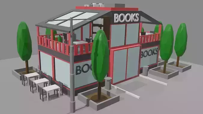 Bookstore building and decorations