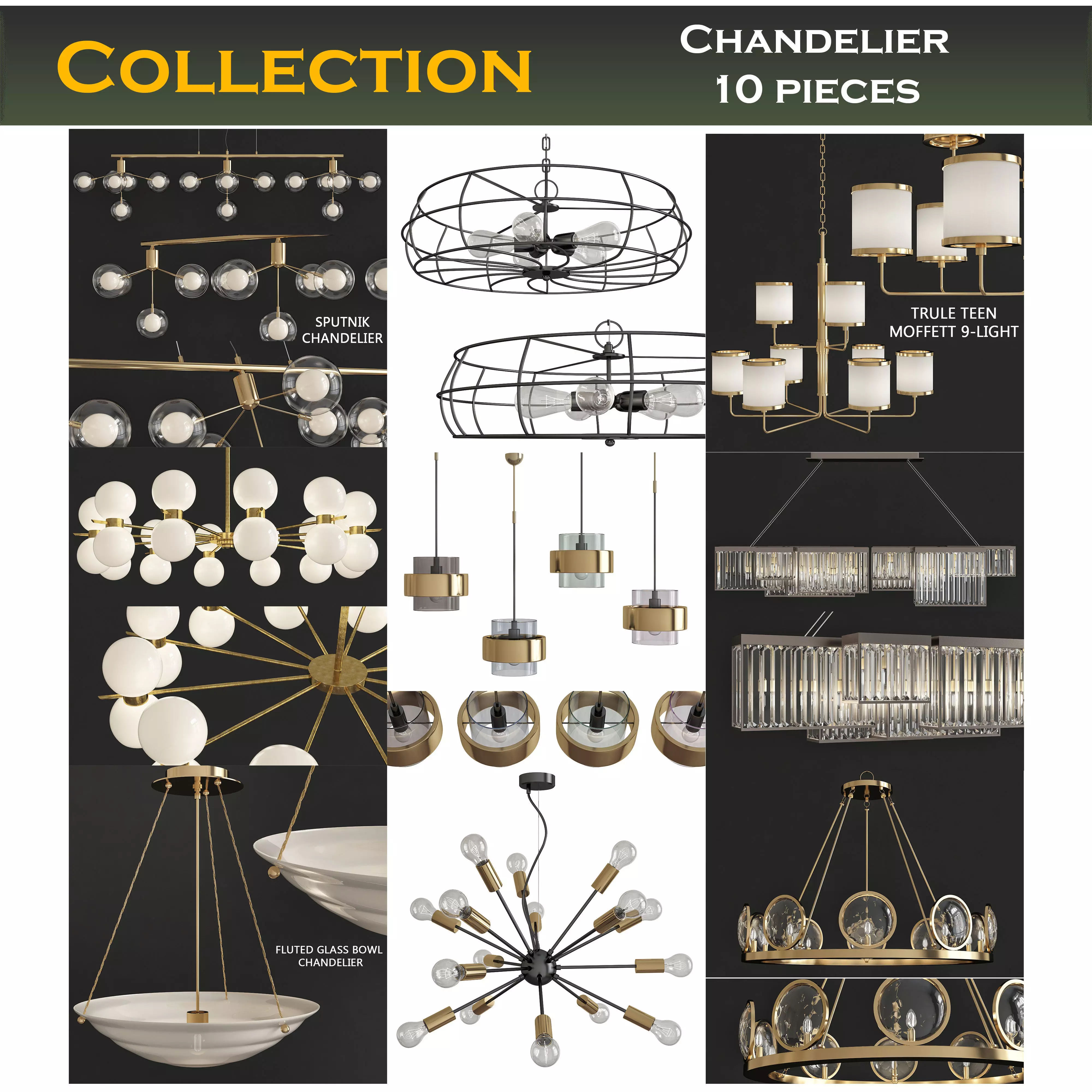 Chandeliers 3d models Collection 10 models Low-poly 3D model_0