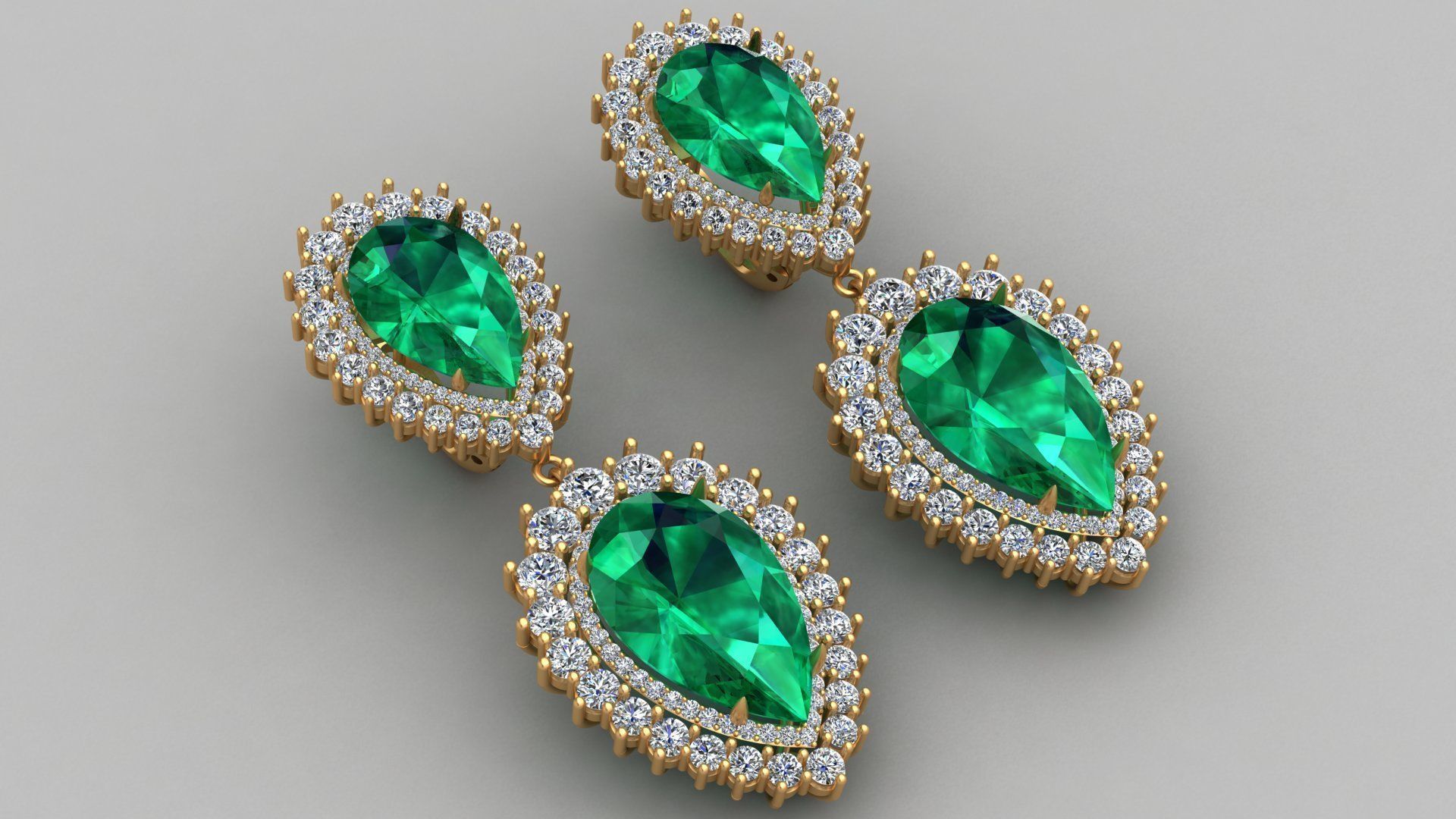 Emerald Pear Shape Playing Diamond Gold Earring 3D print model_1