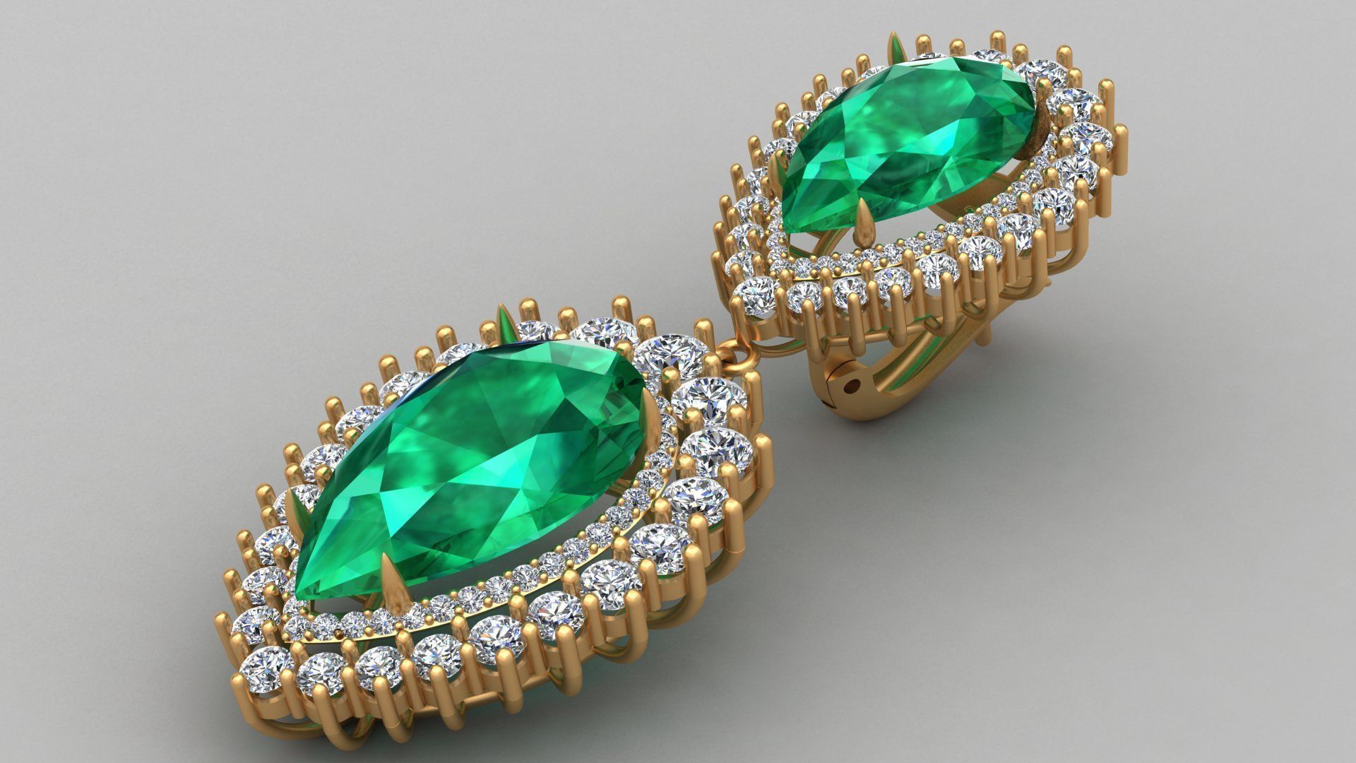 Emerald Pear Shape Playing Diamond Gold Earring 3D print model_2
