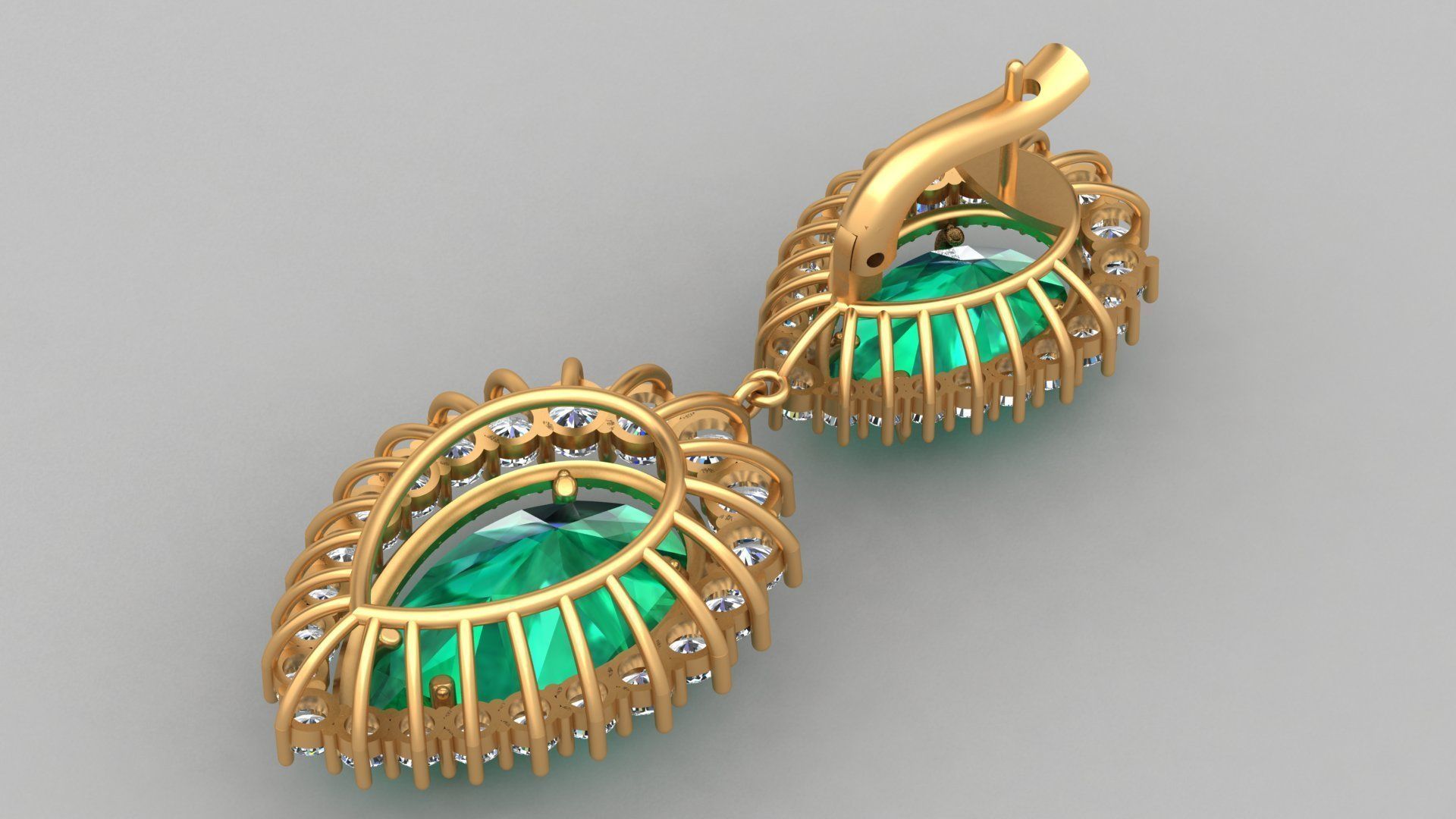 Emerald Pear Shape Playing Diamond Gold Earring 3D print model_6