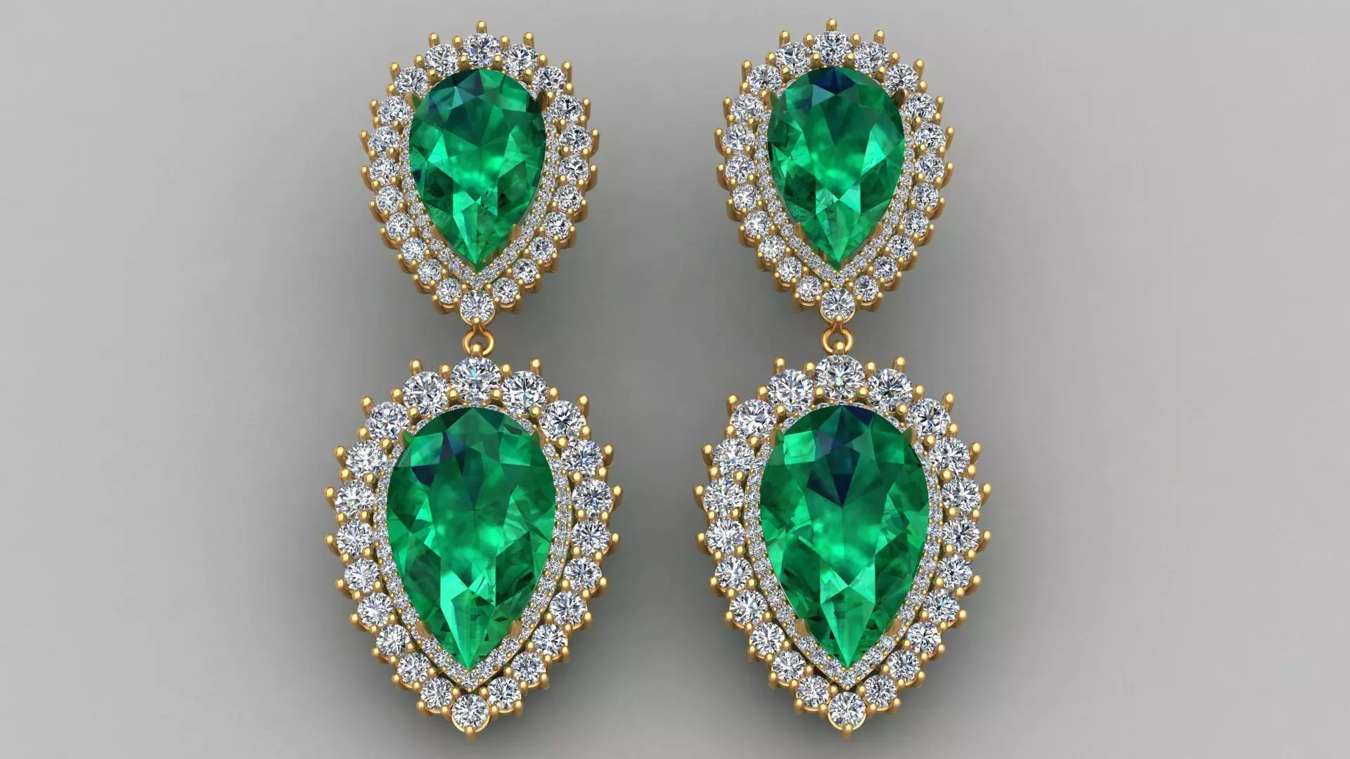 Emerald Pear Shape Playing Diamond Gold Earring 3D print model_0