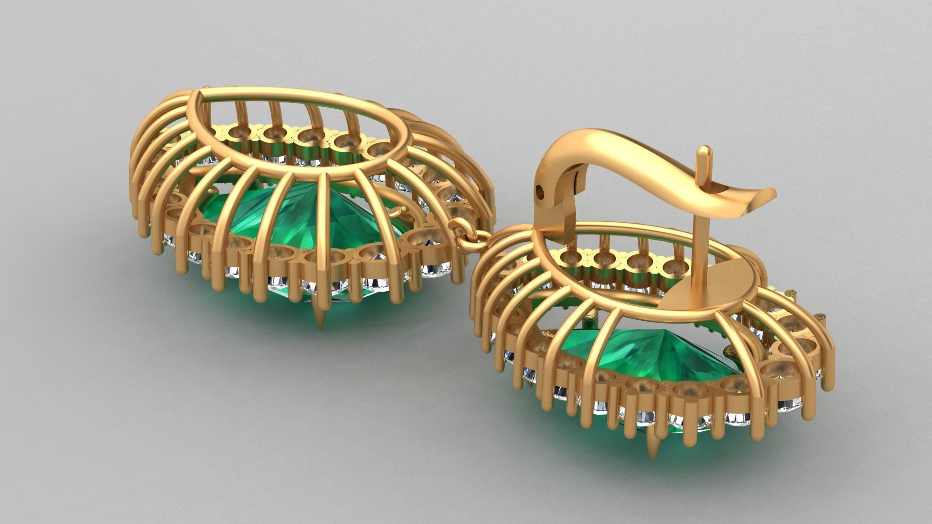 Emerald Pear Shape Playing Diamond Gold Earring 3D print model_7