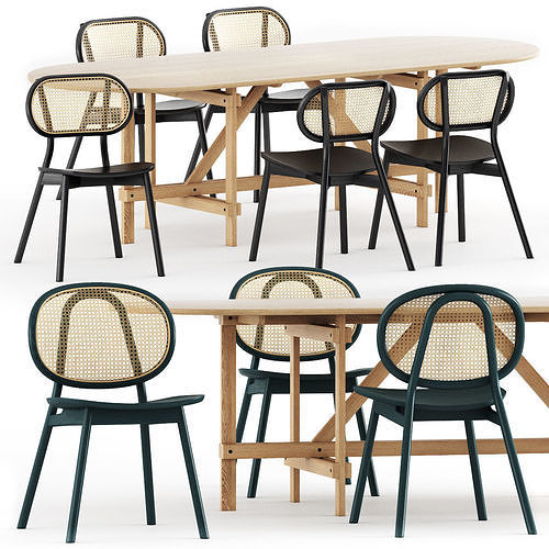 Cane chair-03 and chair-04 and ARCH Table BRACED FRAME by Cane 3D model