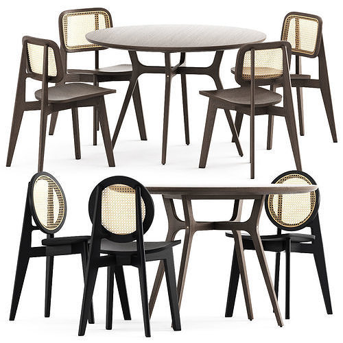 Cane chair-01 and chair-02 and Ren Dining Table C1100 3D model