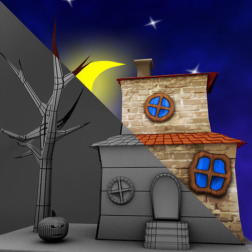 HouseHalloween house with pumpkin and moon in sky Free low-poly 3D model