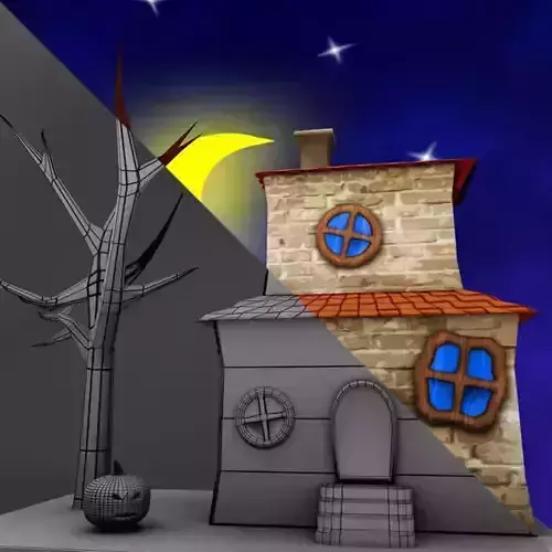 HouseHalloween house with pumpkin and moon in sky Free low-poly 3D model