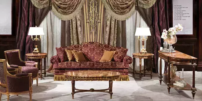 living set 7 room with ornate furniture and curtains