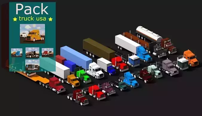 Low Poly Truck Usa Pack Low-poly 3D model