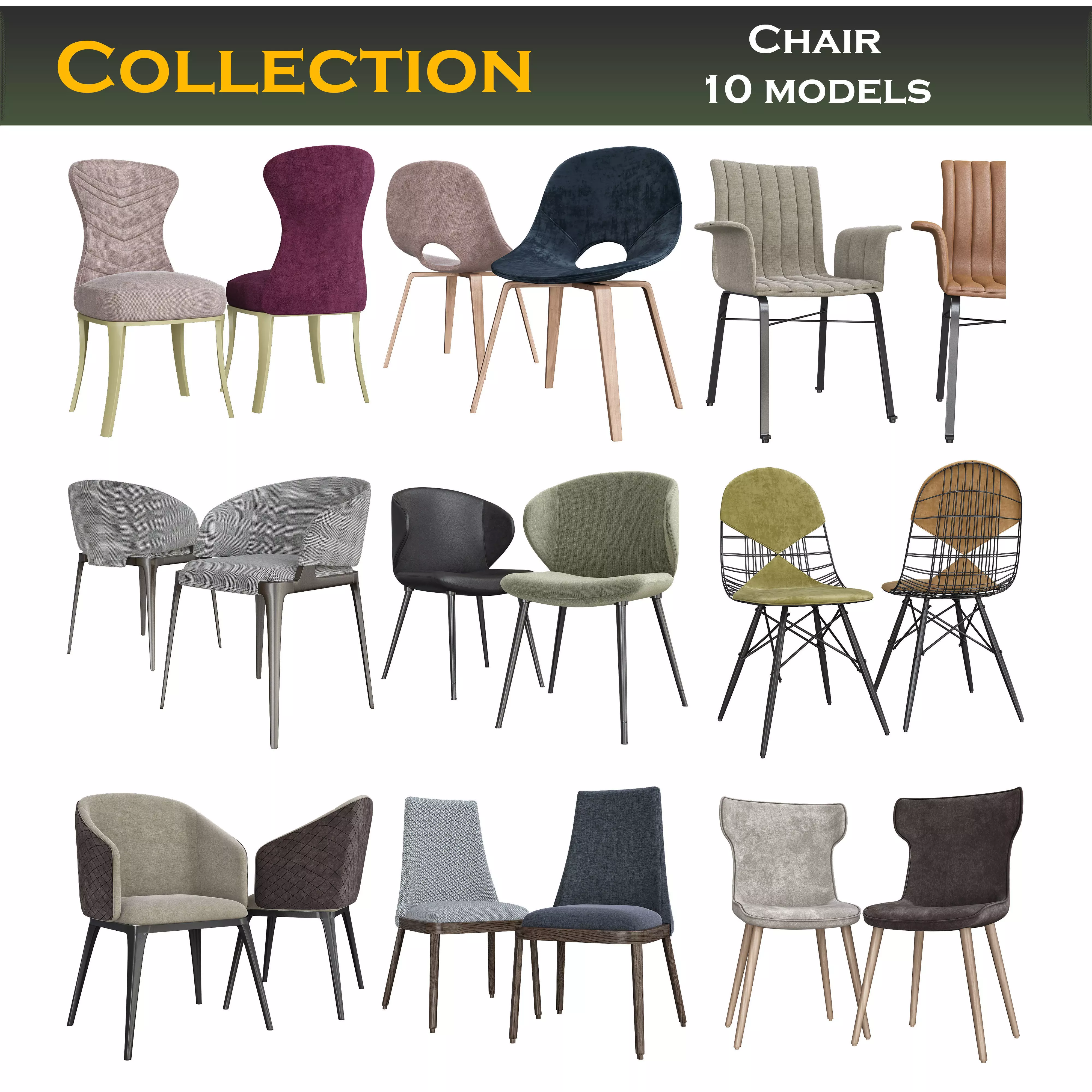 Chairs collection 3d model 10 piece Low-poly 3D model_0