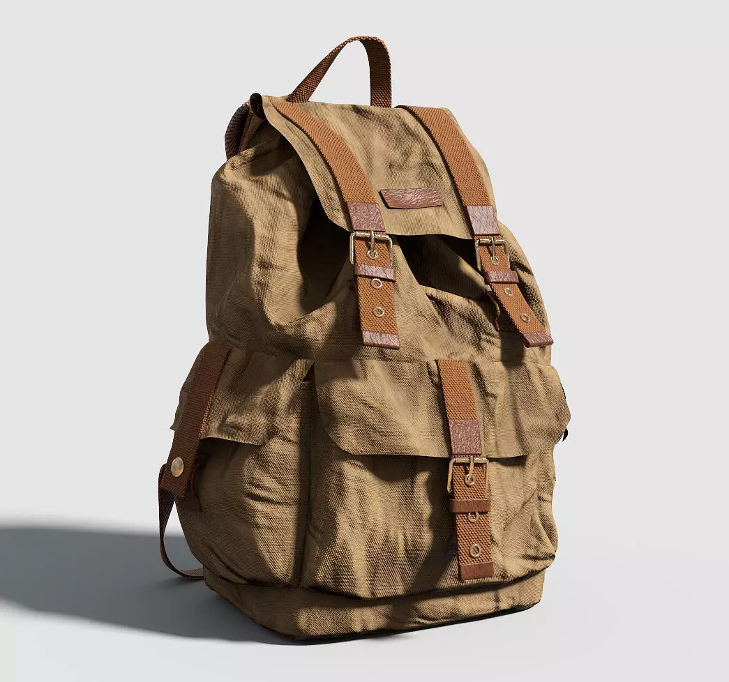 Backpack in tan with straps Low-poly 3D model_0