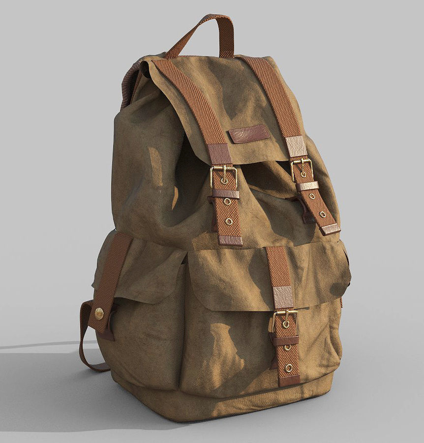 Backpack in tan with straps Low-poly 3D model_2