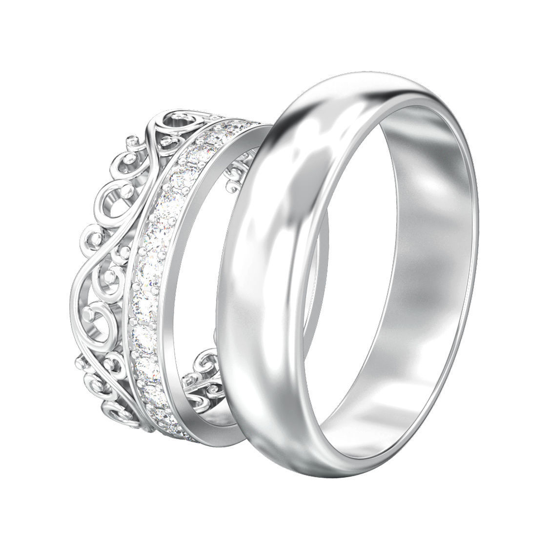 Set of two wedding rings simple and diamond crown tiara  3D print model_7