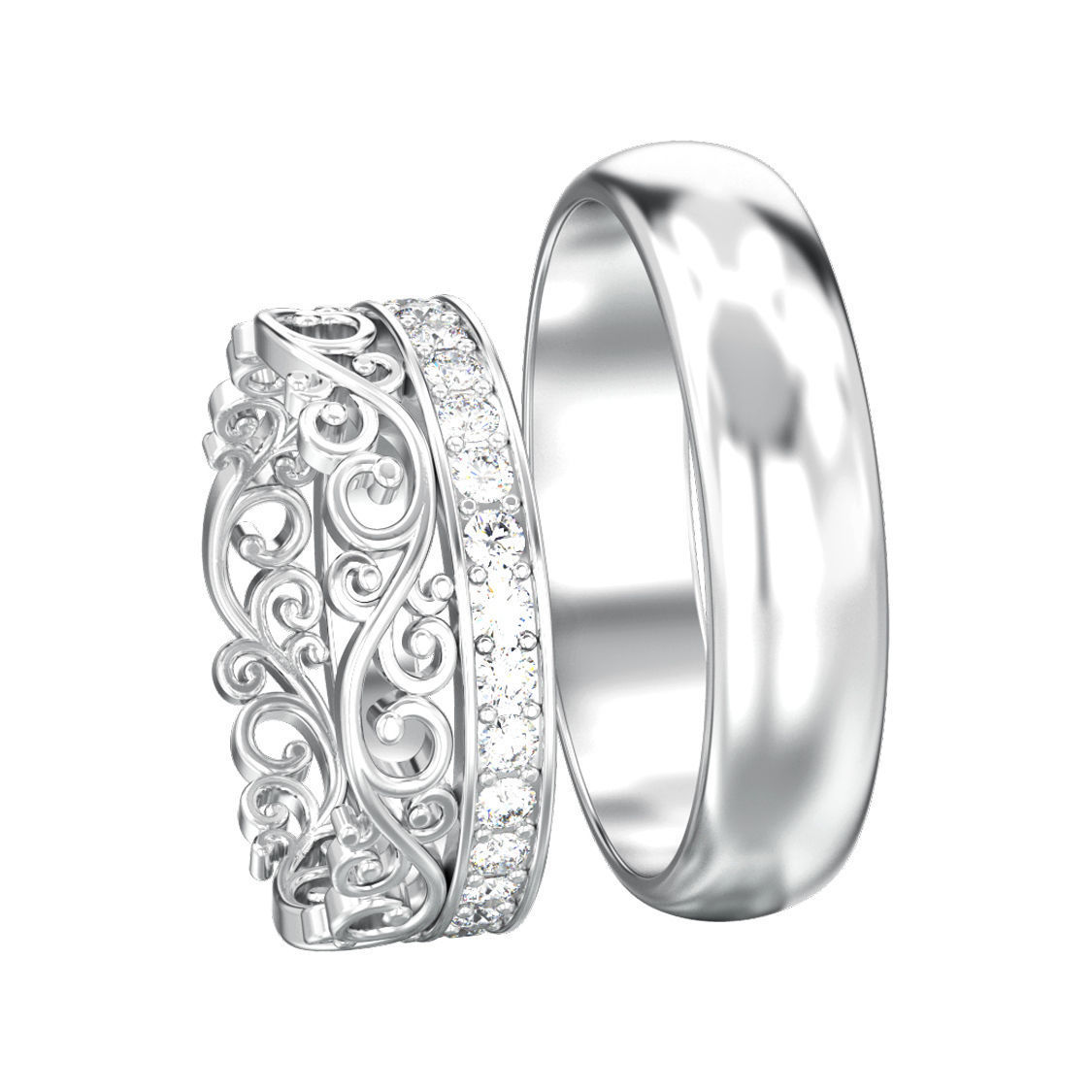 Set of two wedding rings simple and diamond crown tiara  3D print model_2