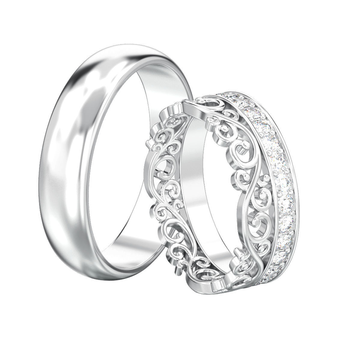 Set of two wedding rings simple and diamond crown tiara  3D print model_1