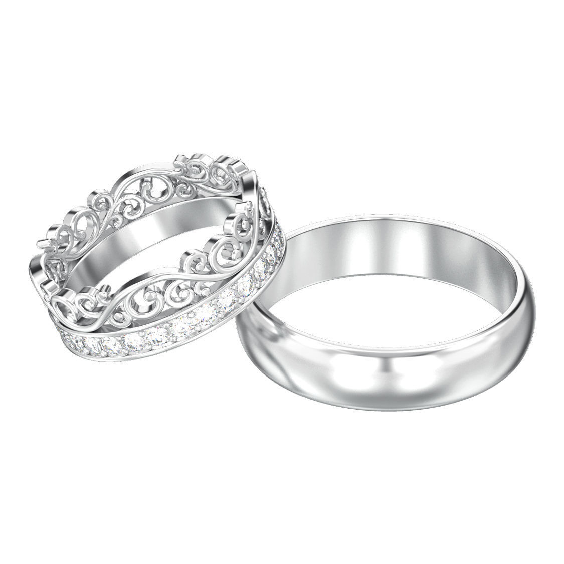 Set of two wedding rings simple and diamond crown tiara  3D print model_9
