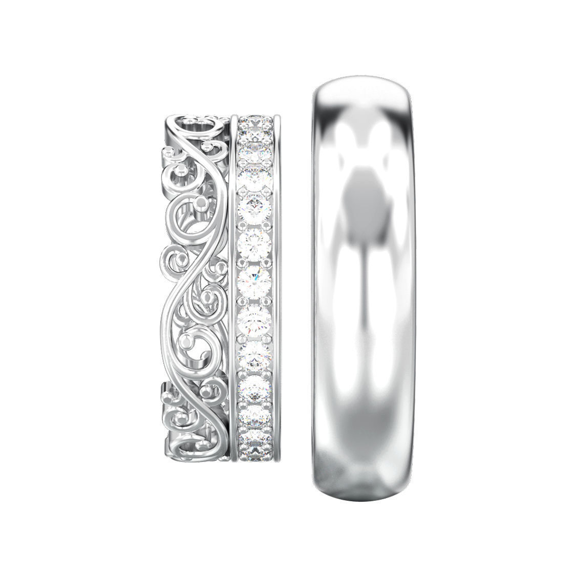 Set of two wedding rings simple and diamond crown tiara  3D print model_6