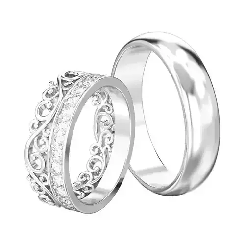 Set of two wedding rings simple and diamond crown tiara 