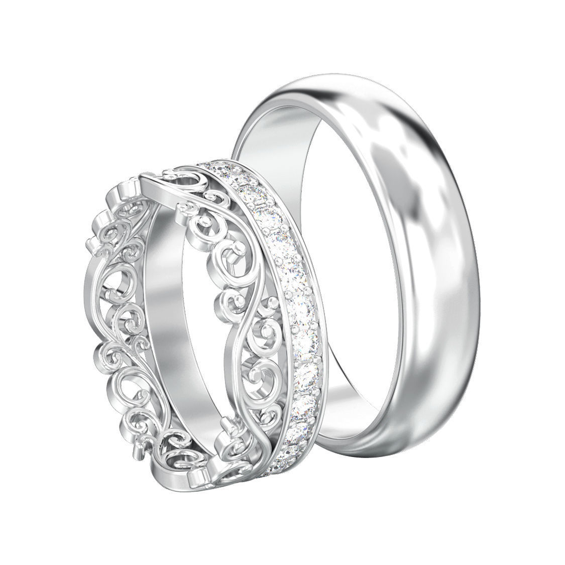 Set of two wedding rings simple and diamond crown tiara  3D print model_4