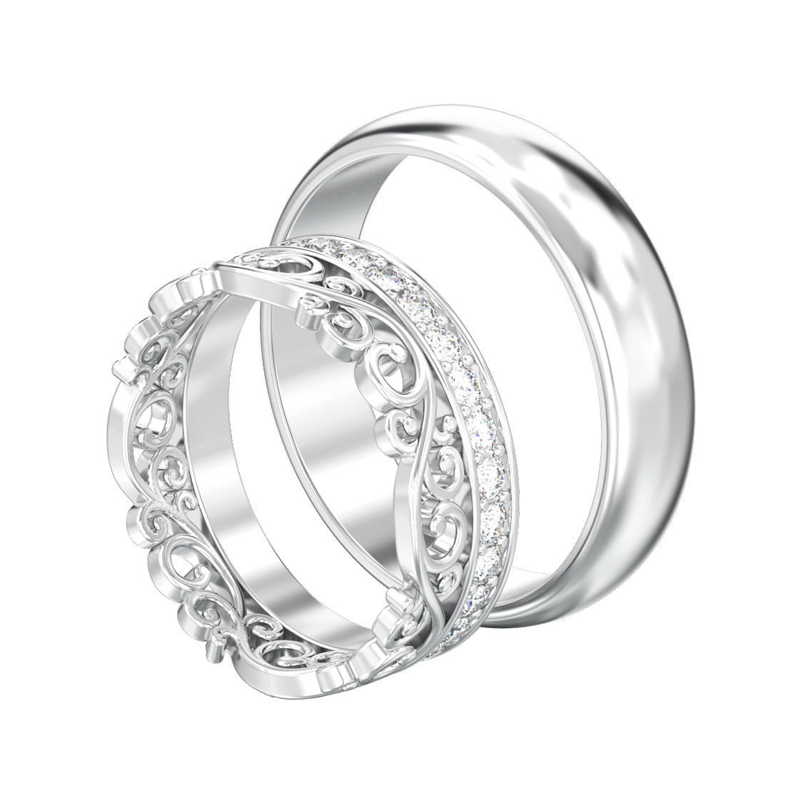 Set of two wedding rings simple and diamond crown tiara  3D print model_3