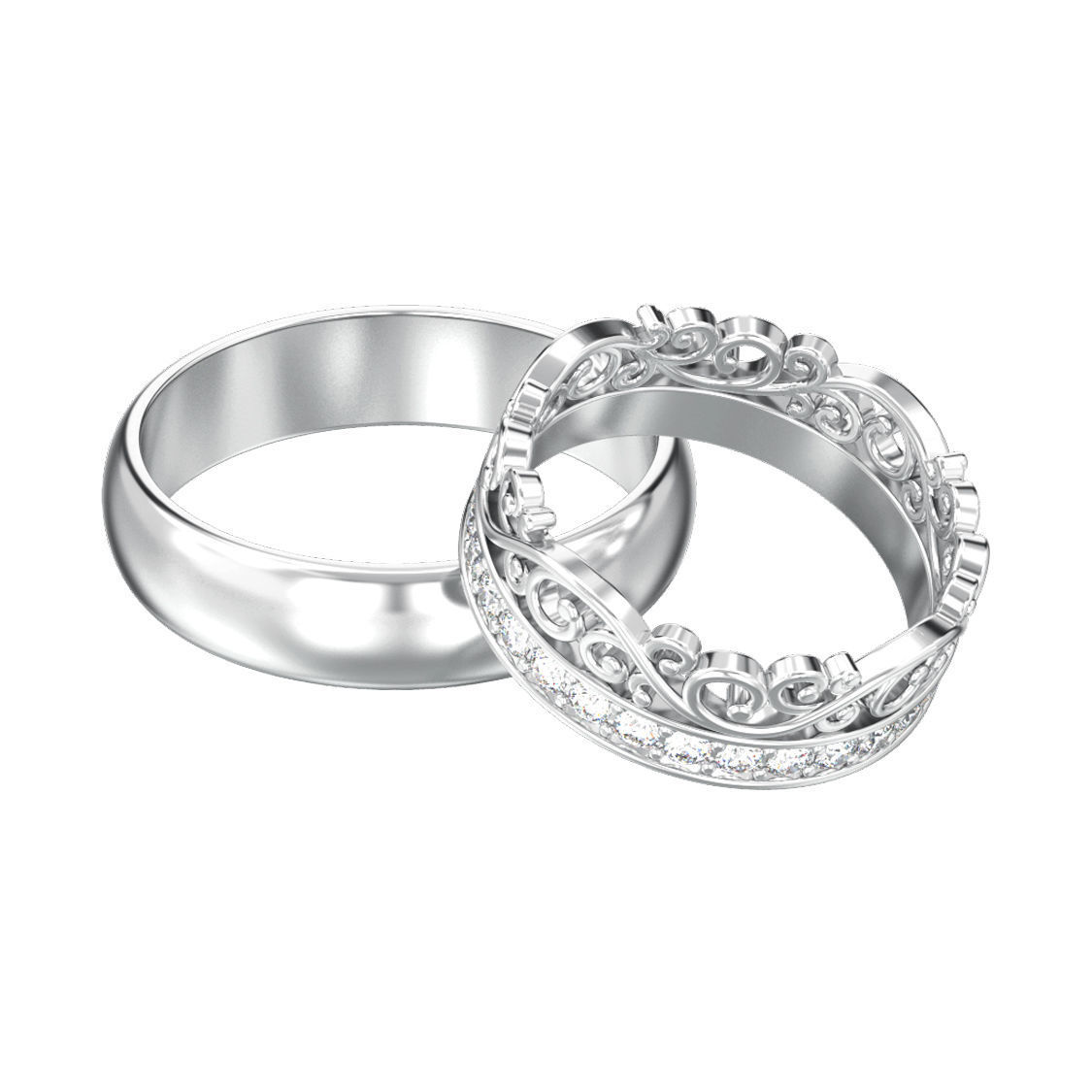 Set of two wedding rings simple and diamond crown tiara  3D print model_10