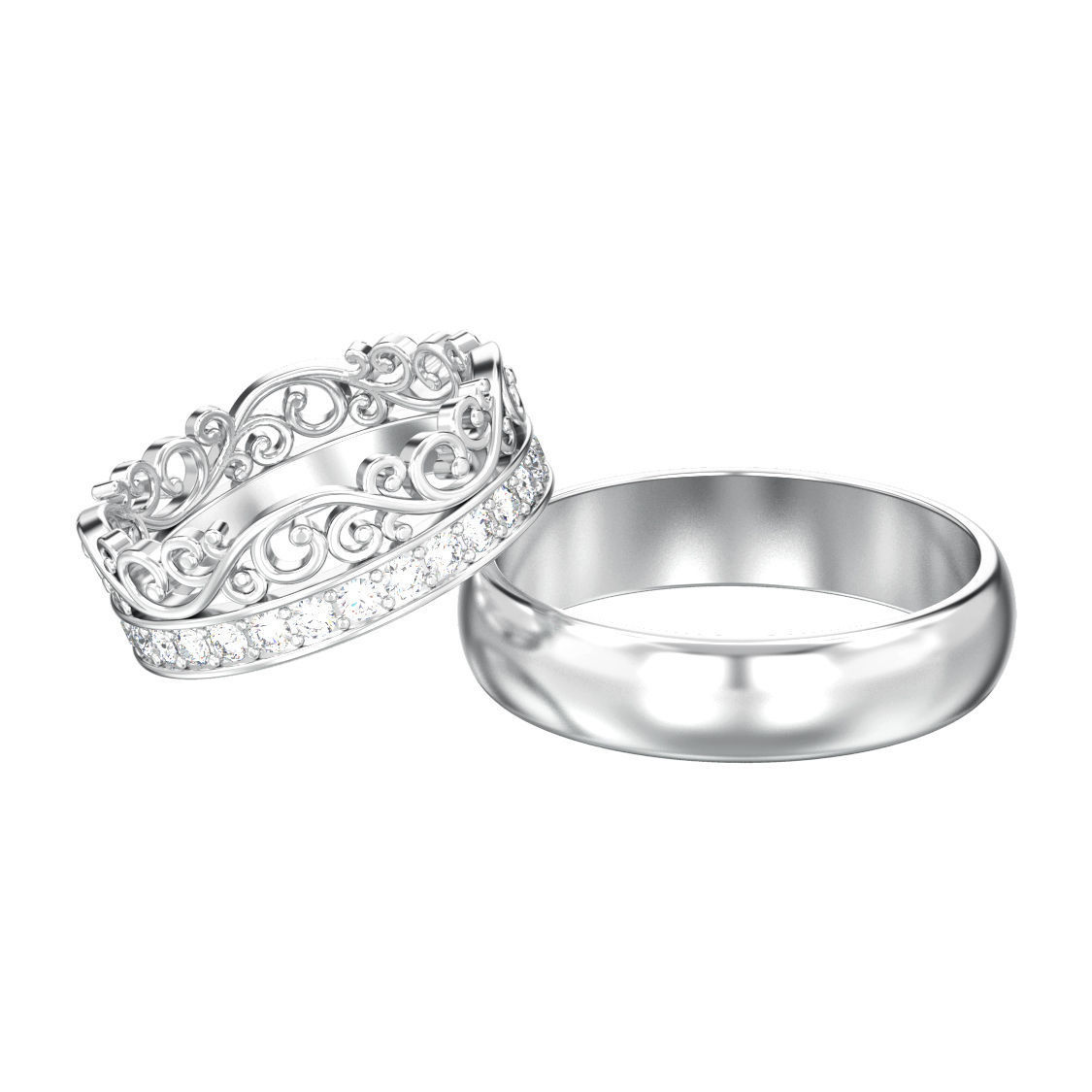Set of two wedding rings simple and diamond crown tiara  3D print model_11