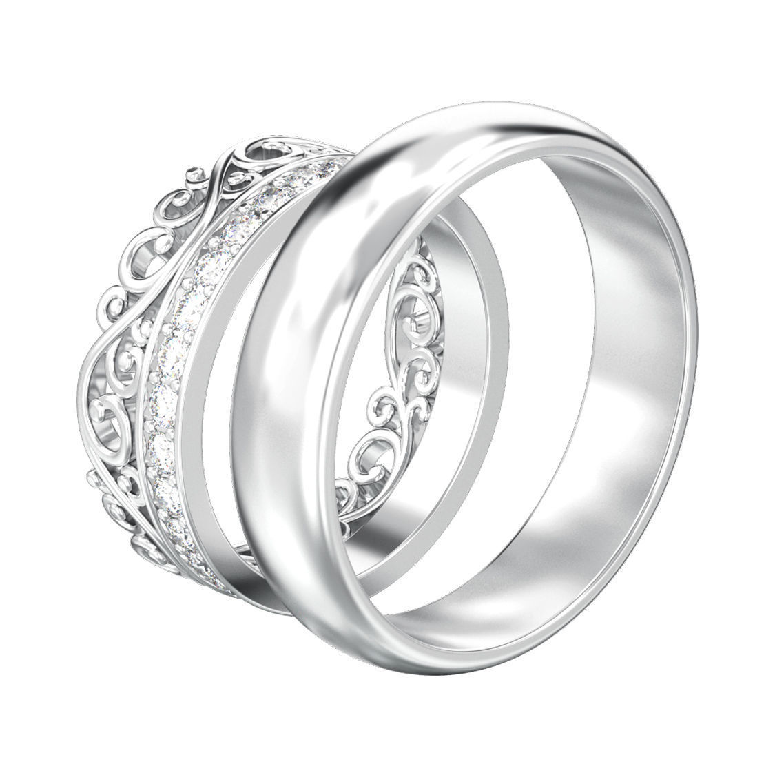Set of two wedding rings simple and diamond crown tiara  3D print model_8