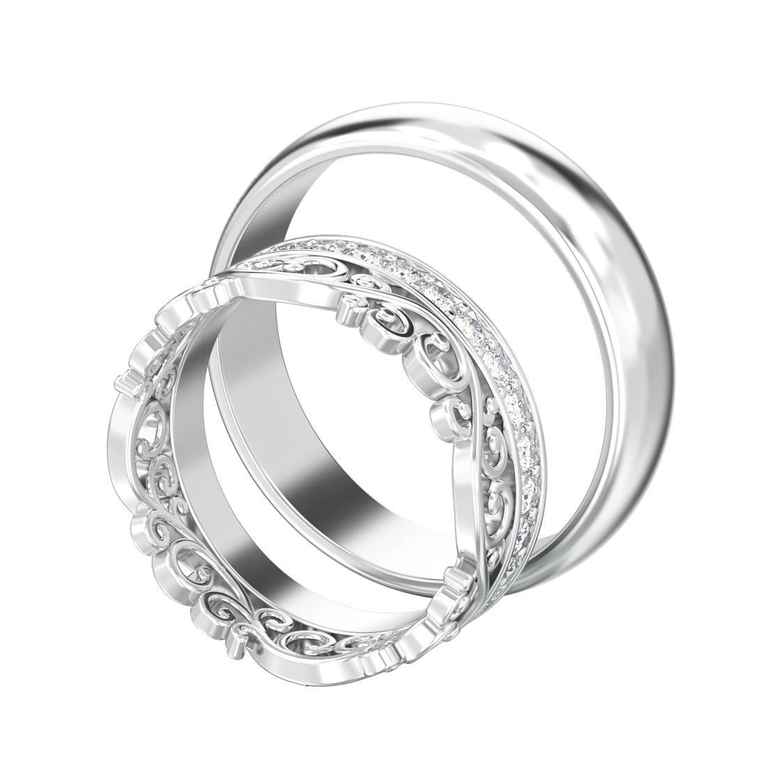 Set of two wedding rings simple and diamond crown tiara  3D print model_5