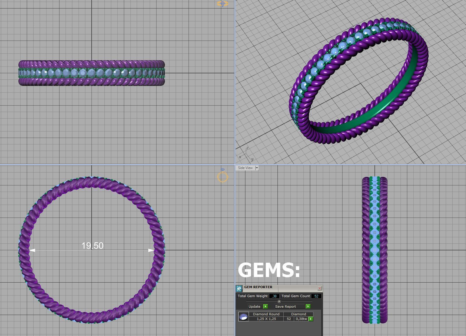 Rope Diamond Band Ring 3dmodel Three finger size 3D print model_17
