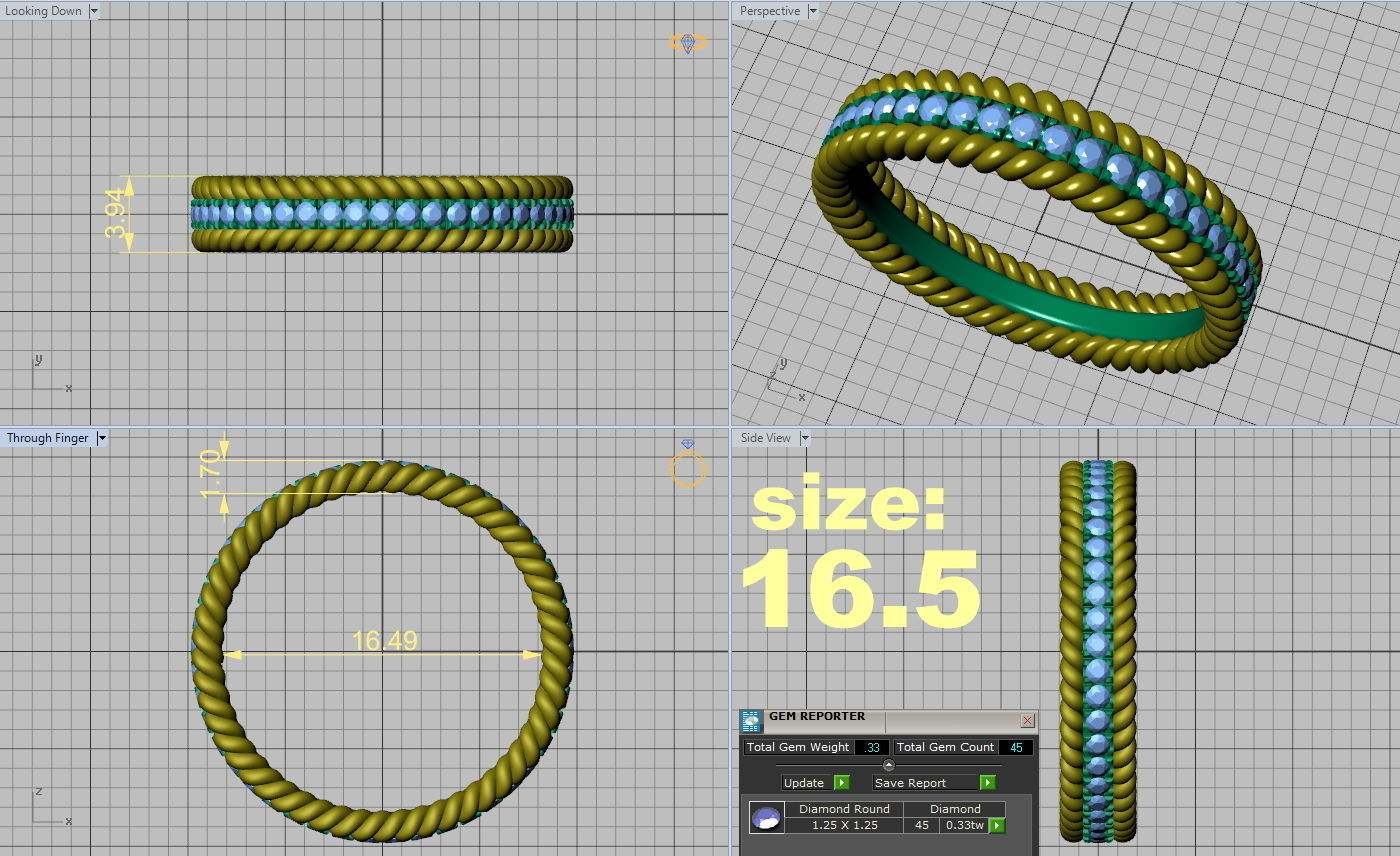 Rope Diamond Band Ring 3dmodel Three finger size 3D print model_11